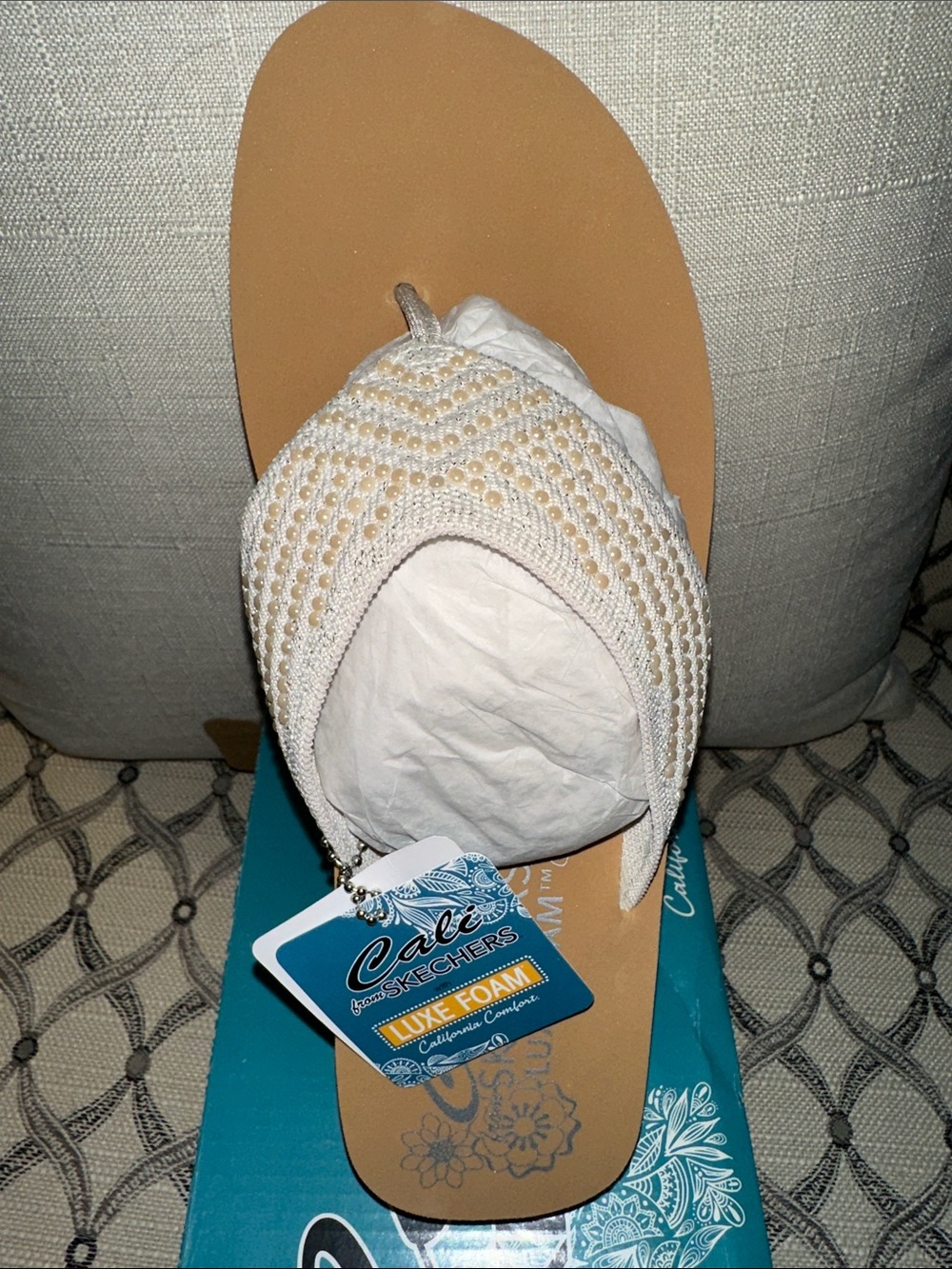 Skechers Women's Tan and White Beaded Slide Sandal